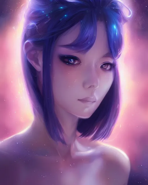 Image similar to A realistic anime portrait of a beautiful cosmic woman with glowing blue eyes and cosmic skin wearing clothes made of universes, digital painting, by Stanley Artgerm Lau, Sakimichan, WLOP and Rossdraws, digtial painting, trending on ArtStation, SFW version