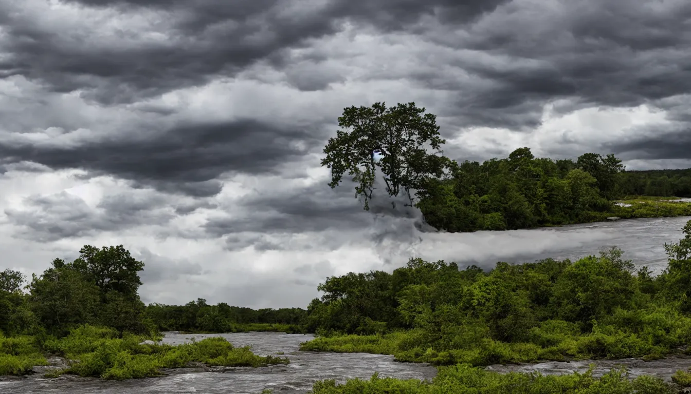 Prompt: barren river with large storm clouds and a single island