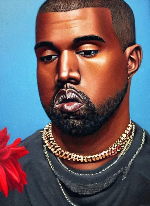 Prompt: hyperrealistic oil painting of Kanye West with red flowers in the background