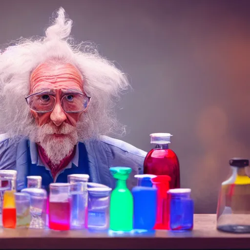 Prompt: an old wizard who is mixing bottles of colored liquids in laboratory, photorealistic, cinematic lighting, highly detailed