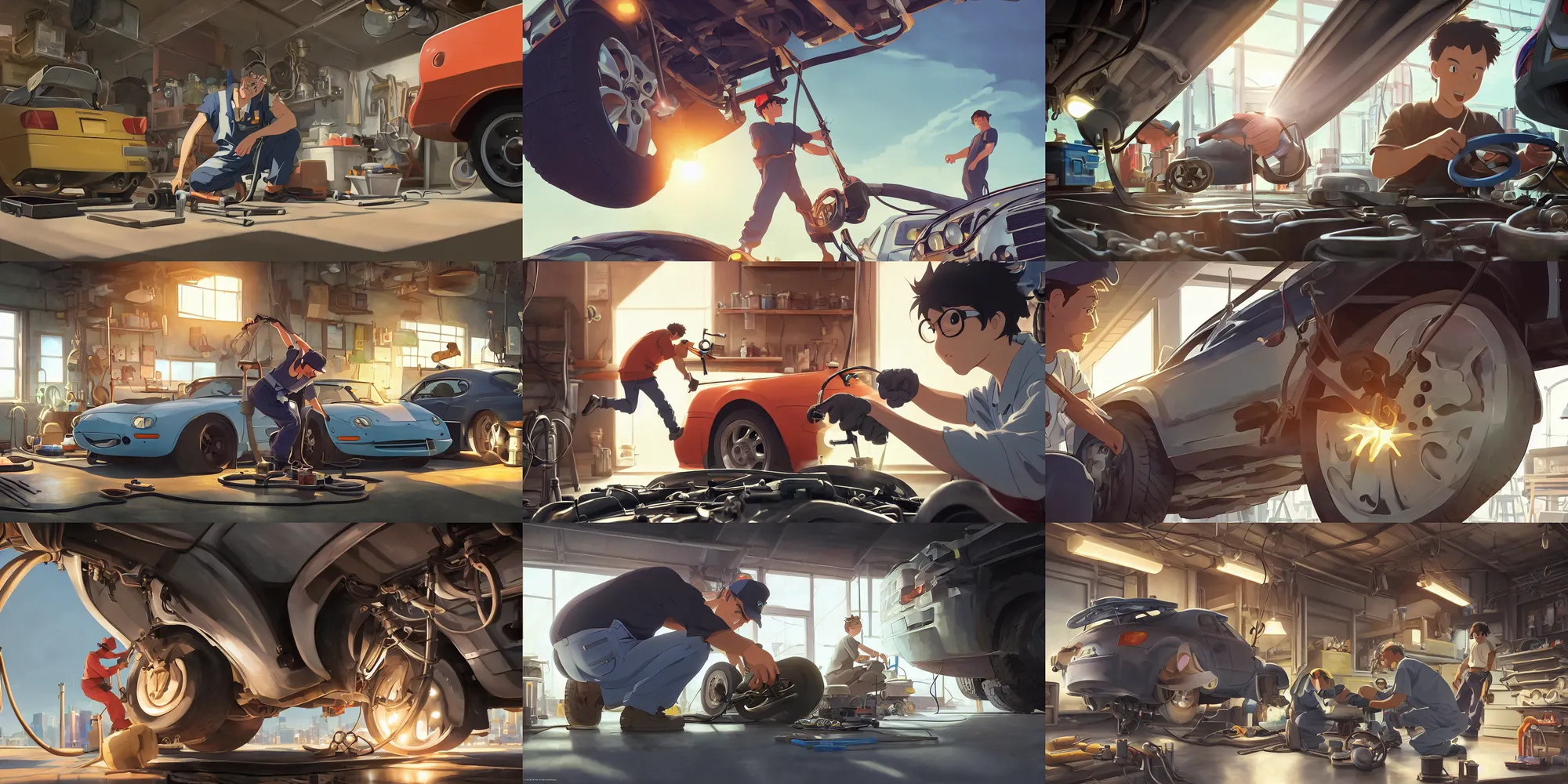 Prompt: a wholesome animation key shot of an auto mechanic repairing a car suspension with mechanic tools in the garage, close up shot, portrait, expression, studio Ghibli, Pixar and Disney animation, sharp, Rendered in Unreal Engine 5, anime key art by Greg Rutkowski, Bloom, dramatic lighting