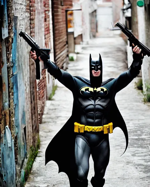 Image similar to happy batman firing super soaker water gun at playful criminals in an alleyway, everyone having fun, product advertisement, photography