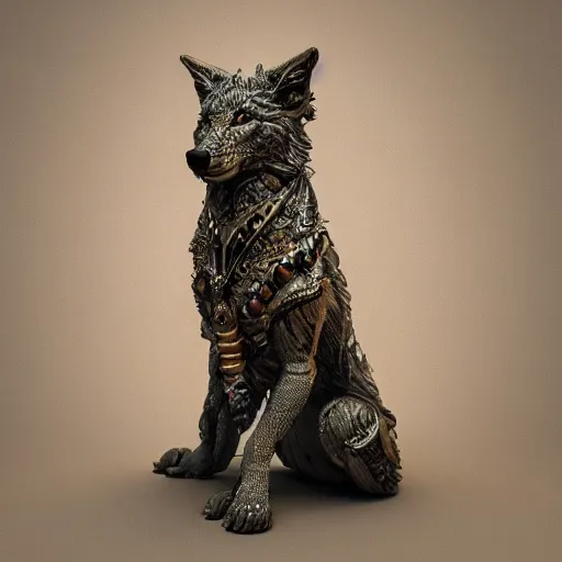 Image similar to A photo-real delicate sculpture of an ornate detailed wolf in front of a intricate background by AJ Fosik, micro detail, backlit lighting, octane renderer, colorful, physically based rendering, tribal art, trending on cgsociety