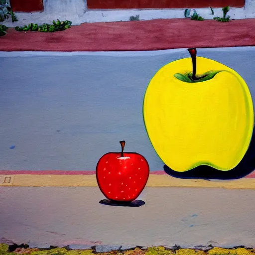 Image similar to a painting of an apple on the sidewalk on the street of marrakesh