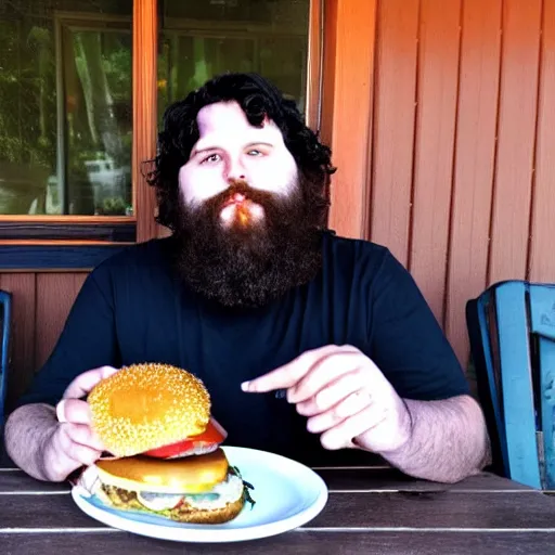 Image similar to heavy 2 0 year old, messy black hair, big beard, eating burgers, chicken nuggets, back porch table