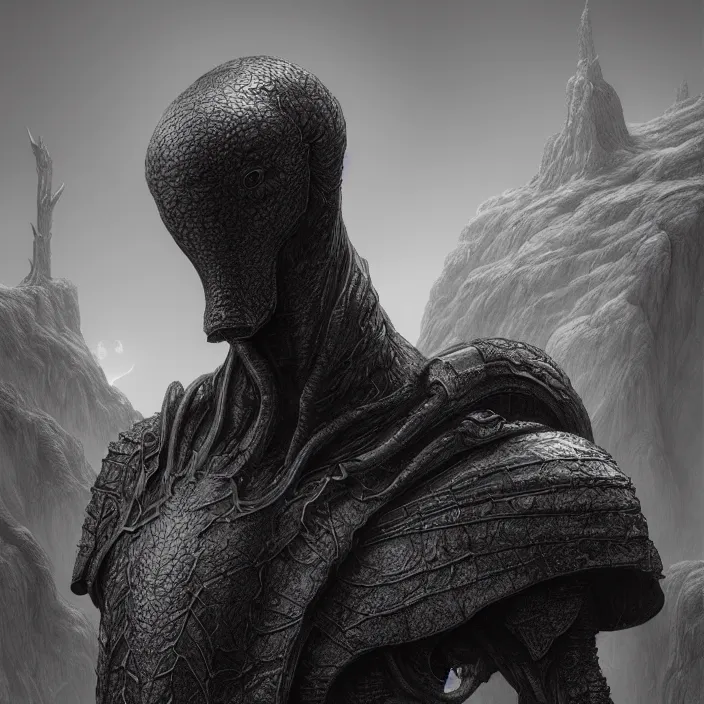 Image similar to a vertical portrait of a character in a scenic environment by wayne barlowe, black and white, dreamy, armor, highly detailed, 3 d render, vray, octane, realistic lighting