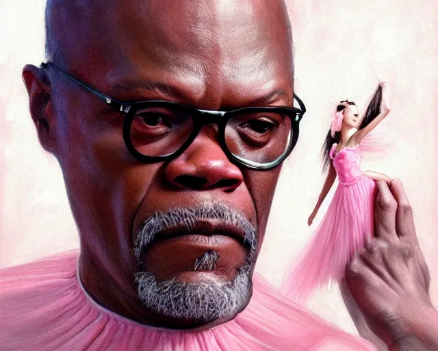 Image similar to photography of samuel l jackson in a pink ballerina outfit, fulll body shot, deep focus, d & d and mtg, fantasy, intricate, elegant, highly detailed, digital painting, artstation, concept art, matte, sharp focus, illustration, hearthstone, art by artgerm and greg rutkowski and alphonse mucha