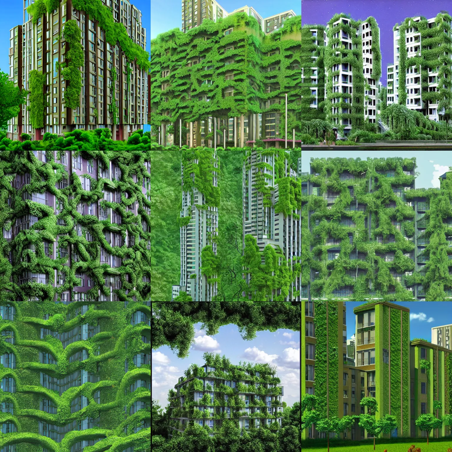 Prompt: 1970s apartment building covered in kudzu vines trees lush foliage utopian green city, fantasy matte painting