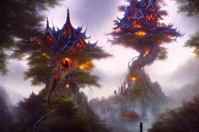 Image similar to treehouse from gaudi in a deep mystical forest , floating chinese lampoons, lake, waterfall, tall people walking and discussing, dynamic lighting, art by peter mohrbacher and john howe on artstation, mix with rivendell architecture, night mood