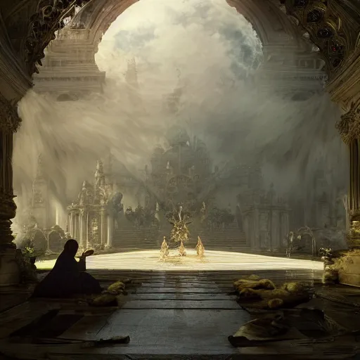 Image similar to gates of heaven, volumetric lighting, 8 k octane beautifully detailed render, post - processing, extremely hyper - detailed, intricate, epic composition, cinematic lighting, masterpiece, trending on artstation, detailed detailed detailed, masterpiece, stunning art by anders zorn, wonderful masterpiece by greg rutkowski, beautiful cinematic light,