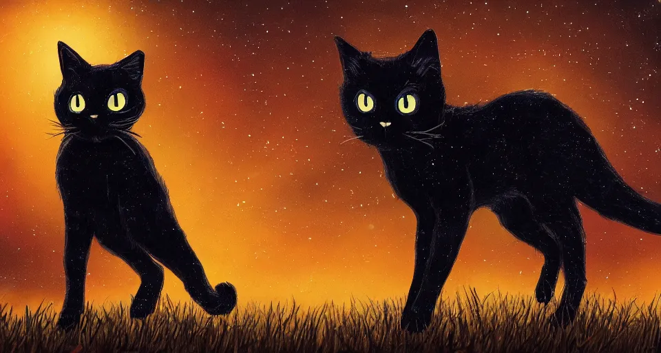 Prompt: black cat with glowing eyes walking around in a dark open field at midnight with fireflies in the air and lots of stars in the sky, digital painting, highly detailed, magical, trending on artstation