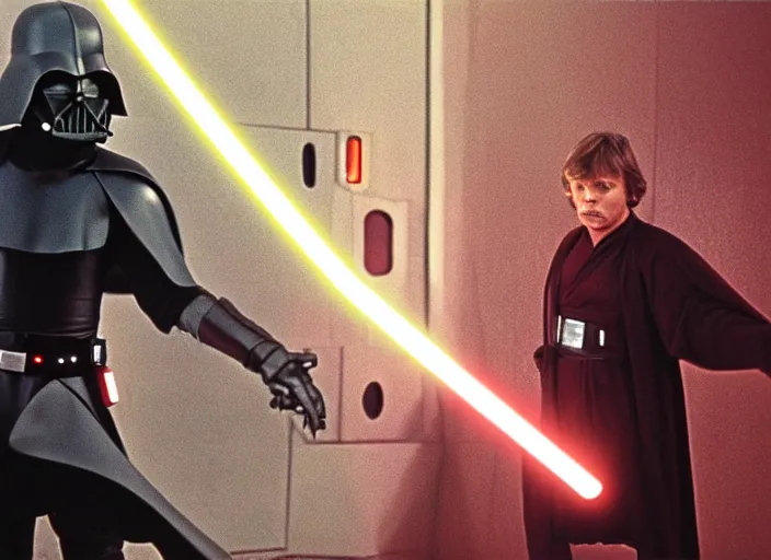 Image similar to screenshot from the film, Luke Skywalker faces off against unknown sith lord in electricity filled temple, 1970s film directed by Stanley Kubrick, Kodak color film, LUT, 4K, hyperdetailed, iconic scene, moody cinematography, anamorphic lenses