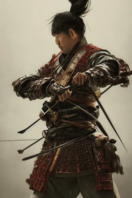 Prompt: Japanese samurai archer, portrait, fierce, intricate, elegant, volumetric lighting, scenery, digital painting, highly detailed, artstation, sharp focus, illustration, concept art, ruan jia, steve mccurry