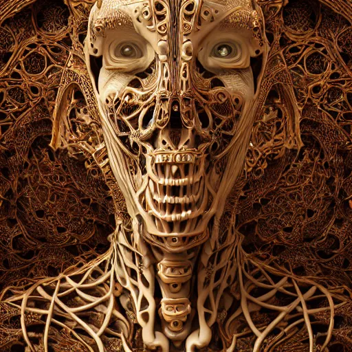 Image similar to a highly detailed photographic portrait of a human, biomechanical sculpture, mandelbrot fractal, intricate, elegant, ornate, elegant, luxurious, beautifully lit, ray traced, octane 3D render in the style of Gerald Brom and James Gurney