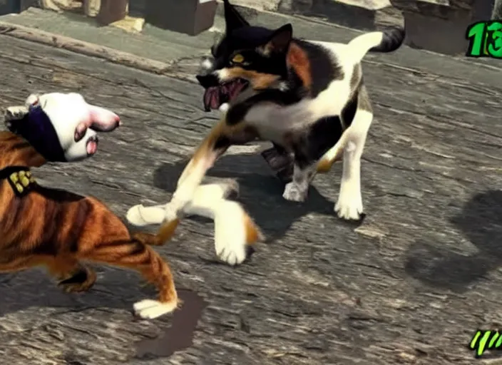 Prompt: cat fights dog in mortal kombat