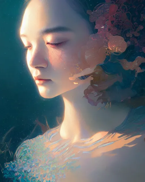 Prompt: serenely observing the past, fractal crystal, beauty portrait by wlop, james jean, victo ngai, beautifully lit, muted colors, highly detailed, artstation, fantasy art by craig mullins, thomas kinkade