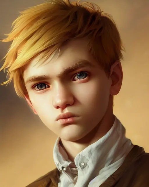 Prompt: portrait of 1 5 - year - old boy with blonde hair, round - face, with long toothed, hyper realistic face, beautiful eyes, character art, art by artgerm lau and wlop and and ilya kuvshinov and john singer sargent, hyperdetailed, symmetrical, cryengine, trending on artstation, digital art