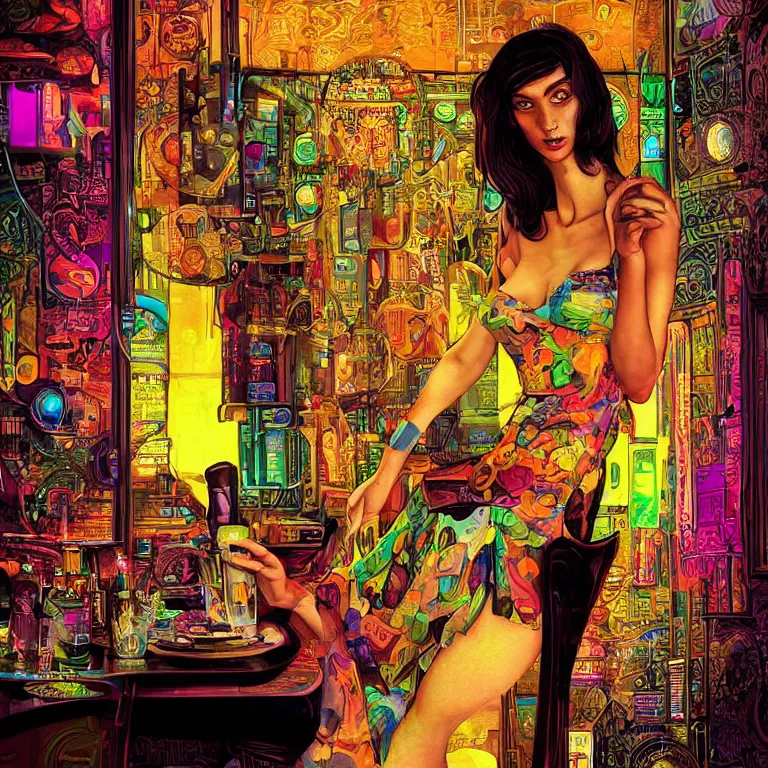 Image similar to beautiful psychedelic digital art of a beautiful cyberpunk lady in a cozy bar by Mad Dog Jones, Norman Rockwell and Ben Erdt