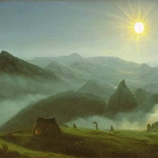 Image similar to mountains above the clouds, village in the mountain, long parallel wooden platforms, tents, colors, misty clouds, sun at dawn, painting by caspar david friedrich