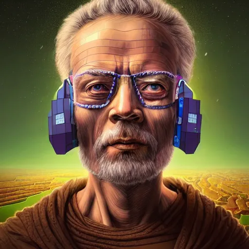 Image similar to Colour Photography of 1000 years old man with highly detailed 1000 years old face wearing higly detailed cyberpunk VR Headset designed by Josan Gonzalez Many details. Man playing Minecraft in VR . In style of Josan Gonzalez and Mike Winkelmann andgreg rutkowski and alphonse muchaand Caspar David Friedrich and Stephen Hickman and James Gurney and Hiromasa Ogura. Rendered in Blender