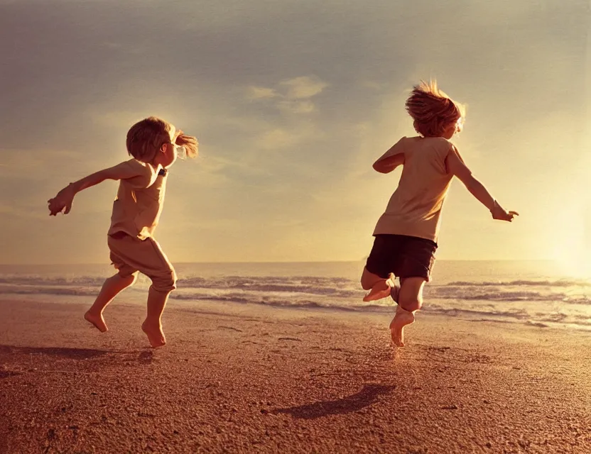 Prompt: kid happy running on a beach, motion photo, golden hour, bleach bypass, warm tones, beige colors, sunlight, digital 2 d, polaroid, high - key lighting, by lisa yuskavage, by serov valentin, by krenz cushart