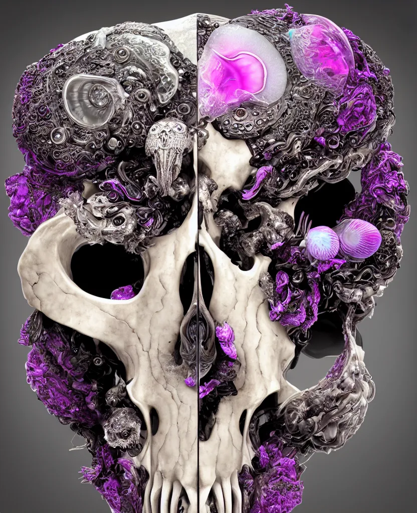 Image similar to goddess princess face close-up portrait ram skull. sculpture made of black and dichroic. jellyfish phoenix head, nautilus, orchid, skull, betta fish, bioluminiscent creatures, intricate artwork by Tooth Wu and wlop and beeple. octane render, trending on artstation, greg rutkowski very coherent symmetrical artwork. cinematic, hyper realism, high detail, octane render, 8k