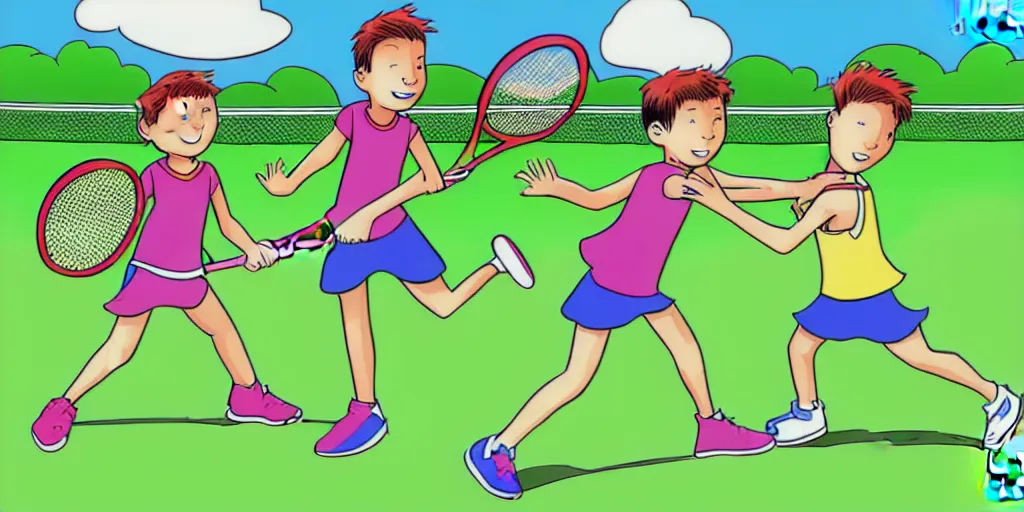 Prompt: comic digital art of kids playing tennis by marvel