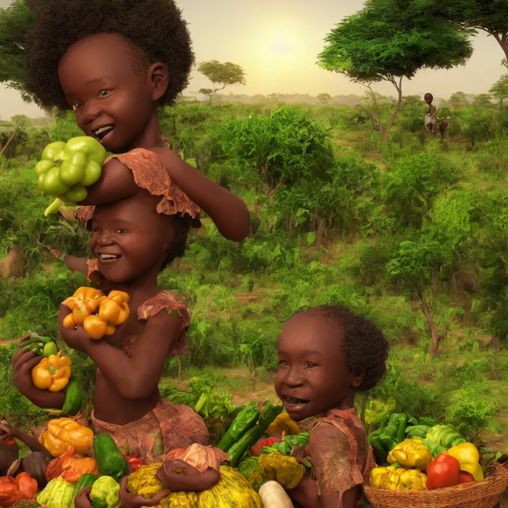 Image similar to Portrait of a Happy African child carrying vegetables in landscape with farm vegetables growing, intricate African jewelry rainbow warrior semi realistic comic, octane render, semi realistic comic art Dr Zeus, happy concept art Akitipe studios, cinematic volumetric lighting, ethereal divine details, Leonardo DaVinci detail A harmonious integration+8k