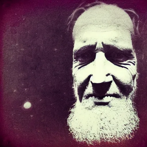 Prompt: portrait of the exiled god, polaroid, cosmic horror, photo, lovecraft, flesh, nightmare, demon, old man, beard, no eyes,