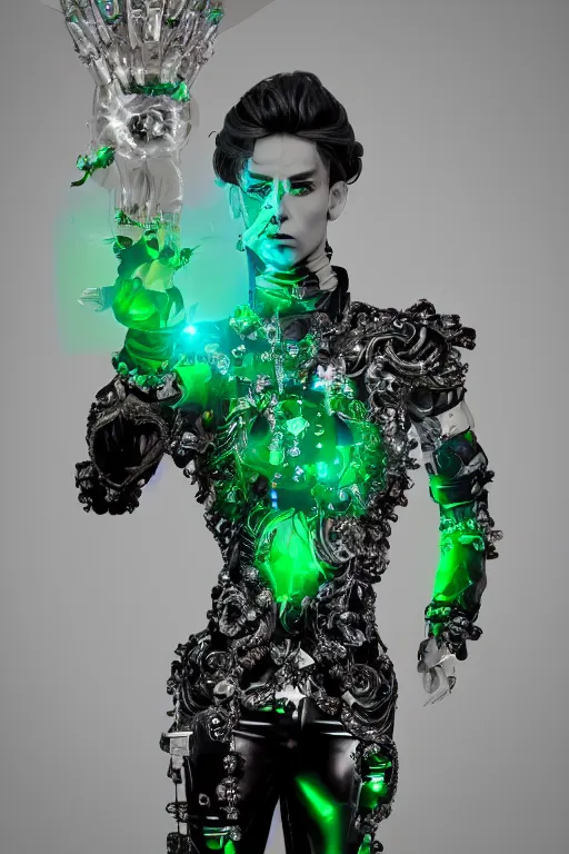 Prompt: full-body rococo and cyberpunk style crystal quartz sculpture of a young handsome seductive chilean android gogo boy reaching for the moon, glowing white laser eyes, crown of black gears and diamonds, swirling green-colored silk fabric. futuristic elements. full-length view. intricate artwork by caravaggio. Trending on artstation, octane render, cinematic lighting from the right, hyper realism, octane render, 8k, depth of field, 3D