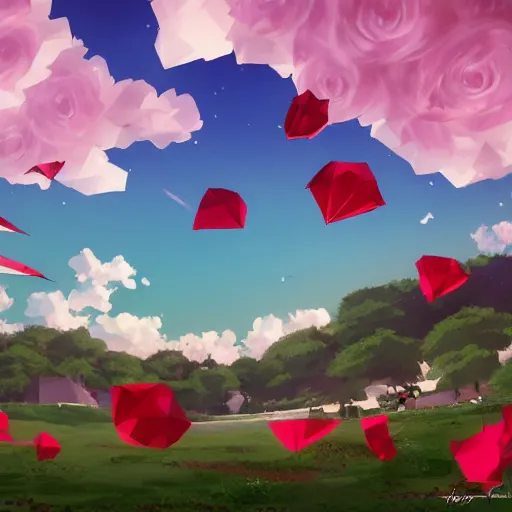 Image similar to background art of flying longswords flowing and floating through the blowing directional wind on a simple cloudy sky background, big puffy clouds, large individual rose petals, angular background elements, polygonal fragments, anime, studio ghibli, artgerm, manga, trending on artstation, art nouveau, mature color scheme