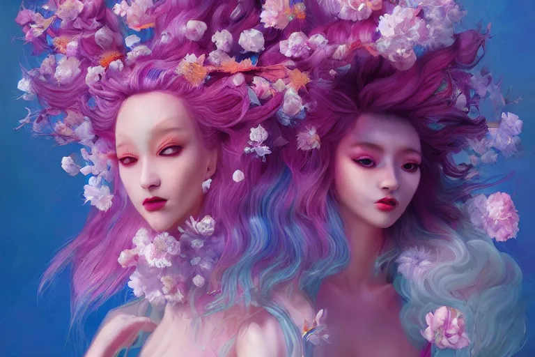 Prompt: Portrait of a beautiful kitsune with pastel massive hairs blending flowers and luminous pearls by artist Nina Masic and artist Noah Bradley, trending on artstation, vivid color, portrait,Paradoxal background by Gerald Brom and Alessio Albi and beeple, sense of awe, trending on artstation, crystal color, 4k