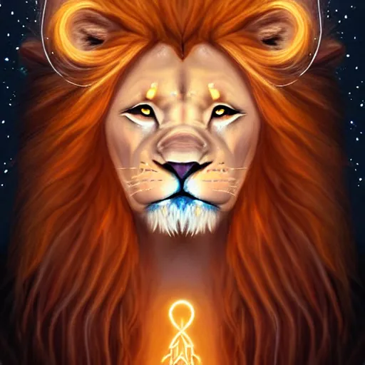 Image similar to Portrait of a girl angel with pale orange colored frizzy strands of illuminated hair, Lion essence, cat ears on her head, glowing halo, Lion's Mane, Cosmic, Lion's Gate, 8/8, fantasy, intricate, elegant, highly detailed, digital painting, artstation, concept art, smooth, sharp focus, illustration, art by Krenz Cushart and Artem Demura and alphonse mucha