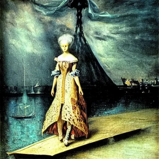 Prompt: Marie Antoinette walking on water. By El Greco, Remedios Varo, Salvador Dali, Carl Gustav Carus, John Atkinson Grimshaw.