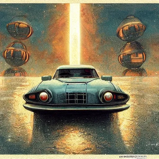 Prompt: vintage old ussr soviet car, iz 2 1 2 5, as a realistic scifi spaceship!!!, round lights, rusty, wide angle shot art by donato giancola and greg rutkowski, vintage retro scifi, realistic space, digital art, trending on artstation, symmetry!!!