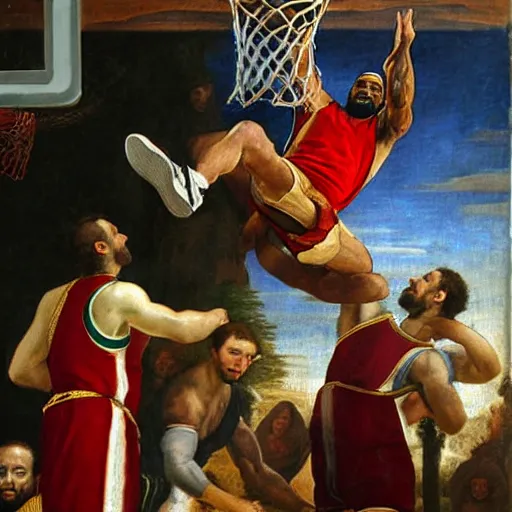 Prompt: renaissance painting of lebron james dunking over an aristocrat