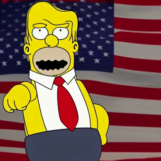 Image similar to Donald Trump with Homer Simpson body, realistic artstyle, wide shot, dramatic lighting, octane render, hyperrealistic, high quality, highly detailed, HD, beautiful, cinematic, 8k, unreal engine, facial accuracy, symmetrical