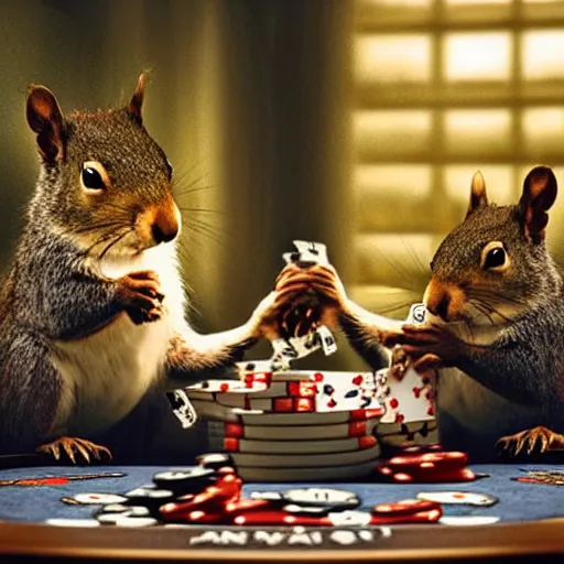 Prompt: a meeting of squirrels playing poker, dramatic lighting, perfect movie shot