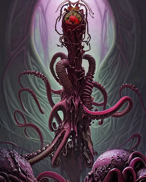 Image similar to the platonic ideal of flowers, rotting, insects and praying of cletus kasady carnage thanos dementor hades chtulu mandelbulb schpongle octopus bioshock xenomorph baraka, ego death, decay, dmt, psilocybin, concept art by randy vargas and zdzisław beksinski