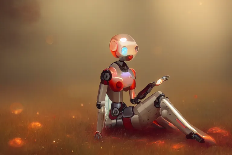 Image similar to a cute robot girl sitting on a bug relaxing, misty, digital art, hazy, foggy, red lighting, ambient lighting, 8 k,