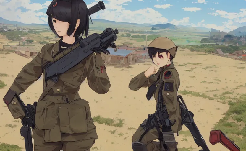 Image similar to panoramic view, girl, soldier clothing, battlefield in background, anime style, short hair, hair down, symmetrical facial features, combat googles, from arknights, hyper realistic, 4 k, extreme detail, detailed drawing, trending artstation, safebooru, realistic lighting, by alphonse mucha, ilya kuvshinov, greg rutkowski, sharp focus