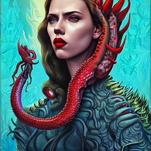 Image similar to demonic hell portrait of scarlett johansson as queen of hell, fire and flame, big long hell serpent dragon octopus, Pixar style, by Tristan Eaton Stanley Artgerm and Tom Bagshaw.
