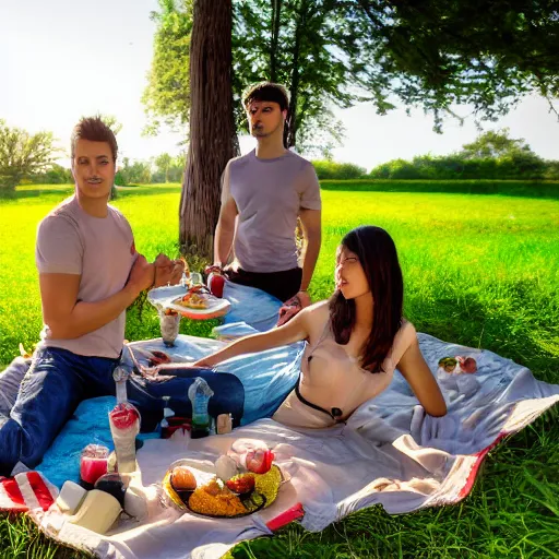 Image similar to people on a picnic, photo portrait, symmetry, awesome exposition, very detailed, highly accurate, professional lighting diffracted lightrays, 8 k, sense of awe