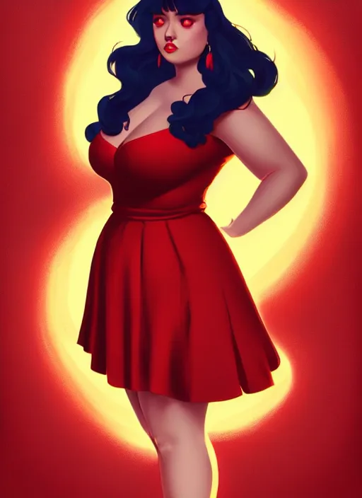 Image similar to full body portrait of teenage veronica lodge, obese, bangs, sultry, realistic, sultry smirk, wavy hair, red skirt, fat, belly, intricate, elegant, glowing lights, highly detailed, digital painting, artstation, concept art, smooth, sharp focus, illustration, art by wlop, mars ravelo and greg rutkowski