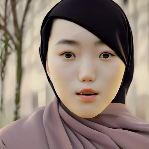 Prompt: closeup portrait of Naganohara Yoimiya Converts to Islam, depth of field, zeiss lens, detailed, symmetrical, centered, fashion photoshoot, by Annie Leibovitz and Steve McCurry, David Lazar, Jimmy Nelsson, Breathtaking, 8k resolution, extremely detailed, beautiful, establishing shot, artistic, hyperrealistic, beautiful face, octane render