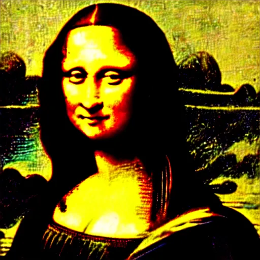 Prompt: failed restoration of mona lisa, modernized features, partly ruined painting smudges