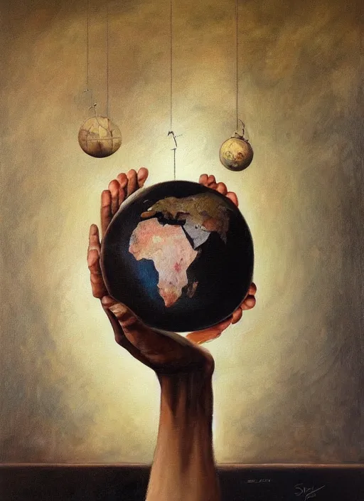 Image similar to a painting of a man holding a globe in his hands, a surrealist painting by Szymon Kot, deviantart, metaphysical painting, oil on canvas, surrealist, dystopian art,