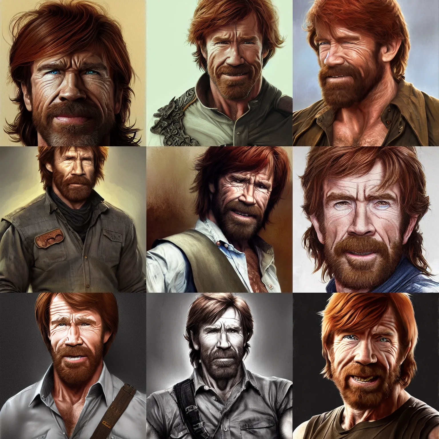 Prompt: portrait of a young ruggedly handsome but joyful chuck norris, male, masculine, upper body, red hair, long hair, d & d, fantasy, fierce, sharp features, intricate, elegant, highly detailed, digital painting, artstation, concept art, matte, sharp focus, illustration, art by artgerm and greg rutkowski and alphonse mucha
