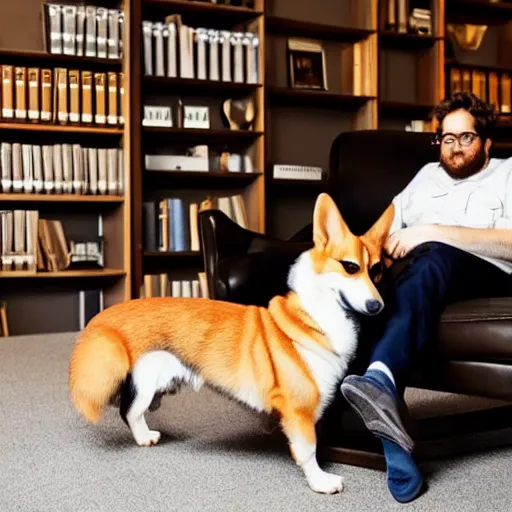 Image similar to slim Eric Wareheim with a corgi in an office, hyperrealistic, RPG portrait, ambient light, dynamic lighting, golden hour