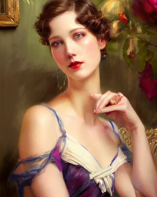 Image similar to daniel gerhartz and artgerm portrait digital realist painting of a 1 9 2 0 s beautiful woman at a party in a mansion, mansion interior in the background, unreal engine, hyper realism, realistic shading, cinematic composition, realistic render, octane render, detailed textures, photorealistic, ultrawide shot, 3 5 mm film